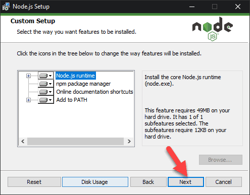 nodejs installer custom setup